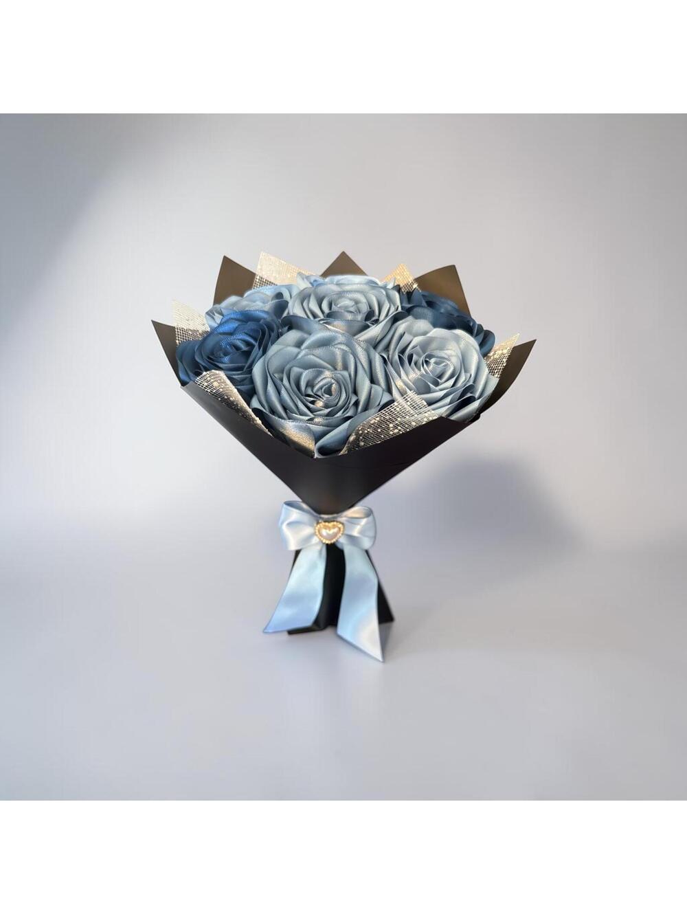Handmade Blue Satin Rose Bouquet with Black Wrap and Ribbon Bow